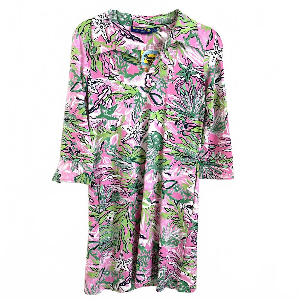 Banana Boat | Long Sleeve Polo Swim Dress Pink Green Tropical Pockets UFP 50+ M